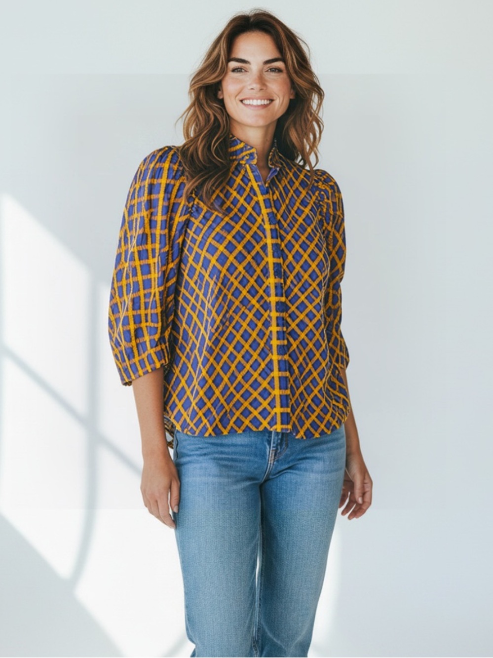 EVA FRANCO Anthropologie Blue Yellow Textured Puffy Sleeve Boho Plaid Top Size 4